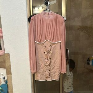 Pink Long Sleeve Dress with Lace-Up Detail